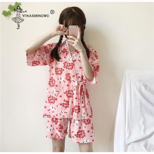 Kimono Women Short Pajamas Sets Asia Japan Yukata Cotton Shorts Bathrobes Short Sleeves Homewear Japanese Kimono Sakura Rabbit