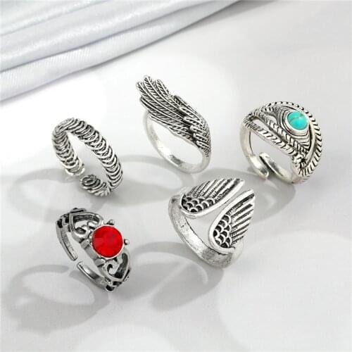 1PC New Gothic Metal Wings Turkish Evil Eye Ring For Men Women Vintage Punk Hollow Heart Red Stone Open Ring Jewelry R338