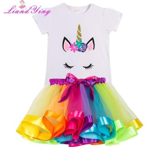Girls Clothing Sets New Summer Fashion Style Cartoon Little Horse Printed T-Shirts+Rainbow Skirt 2Pcs Girls Clothes Sets