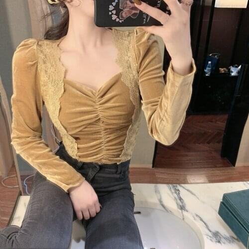 Korean Temperament Blouse Women 2021 Spring New Vintage Hong Kong Style Folds Thin Gold Velvet Lace Tops Bustier Femme Autumn