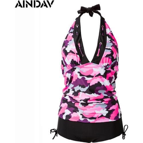 AINDAV Brand Print Halter Tankini with Boxer Shorts Two piece Swimsuits Swimwear Women Bathing Suits Plus Size Swimming Suit