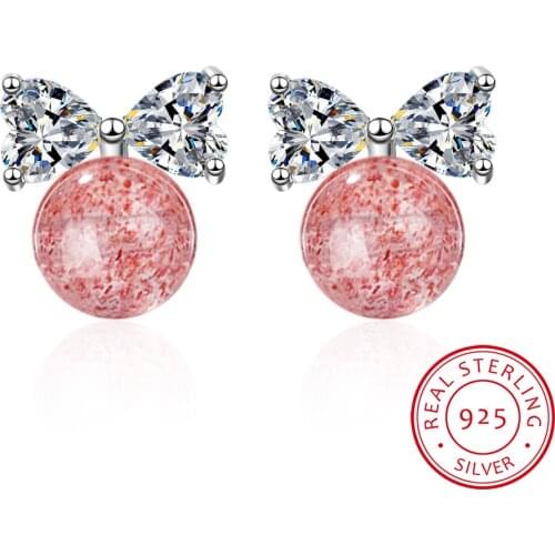 New Arrivals 925 Sterling Silver Stud Earrings For Women Fresh Strawberry Crystal Sweet Bow sterling-silver-jewelry