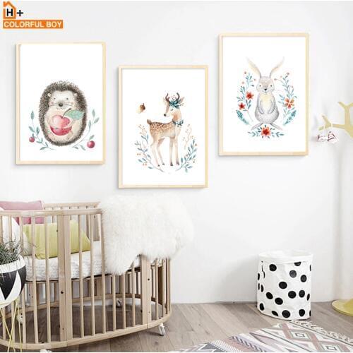 Deer Rabbit Hedgehog Fox Bear Nursery Wall Art Canvas Painting Nordic Posters And Prints Wall Pictures Girl Boy Kids Room Decor