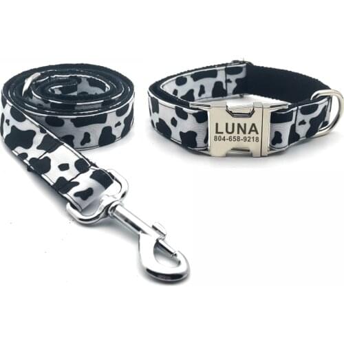 Personalized Cow Pattern Pet Collar Custom Puppy ID Tag Adjustable Cat Accessory Black White Basic Dog Collars Leash Set