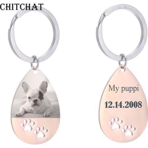 Personalized Customized Photo Engrave Dog Tag Keychains Stainless Steel Water Drop Keepsake Key Chains For Gifts
