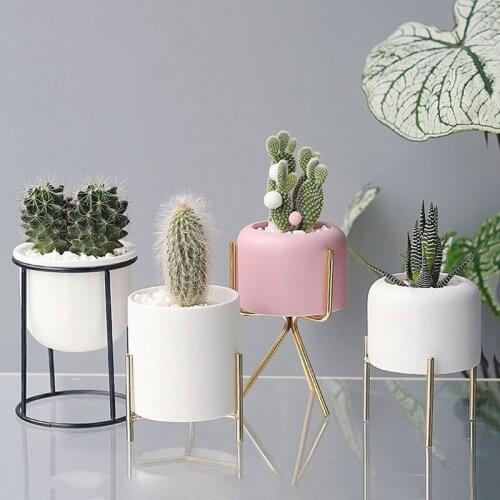 Simplicity Flower Pot With Metal Shelf Home Garden Decoration Accessories Green Plants Bonsai Potted Ceramic Succulent Flowerpot