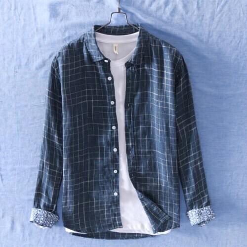 100% Linen Long Sleeve Mens Shirts Hight Quality turn up Collar Slim Casual Simple Mens Fashion Shirts