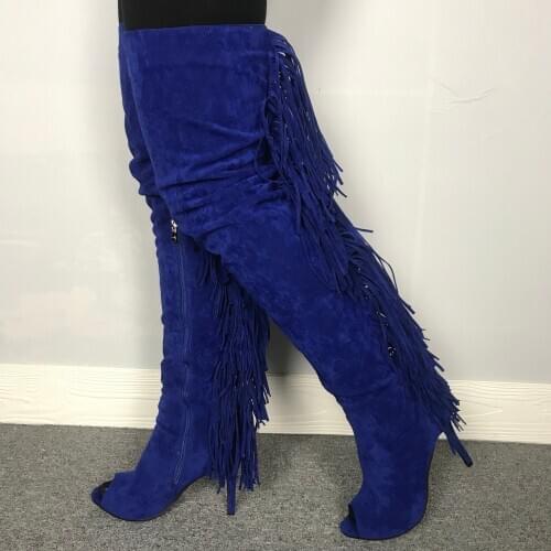 Blue suede boots women vintage fringe tassels stiefel open toe knee high gladiator boot leather female booties high heelsD885