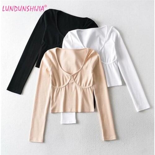 LUNDUNSHIJIA 2021 New Spring Summer Crop Tops For Women Sexy Female Deep V-neck Long Sleeve Solid T-shirts