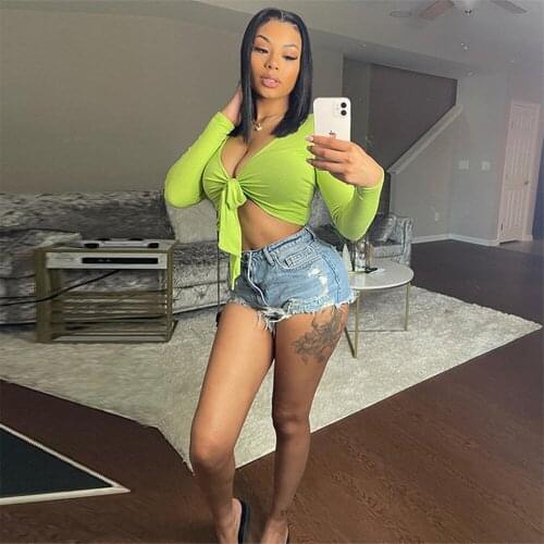 Neon Green Bow Tied Front Sexy Cropped Tops for Women Fashion Deep V Neck Full Sleeve Slim T-shirt Streetwear Bandage T Shirts