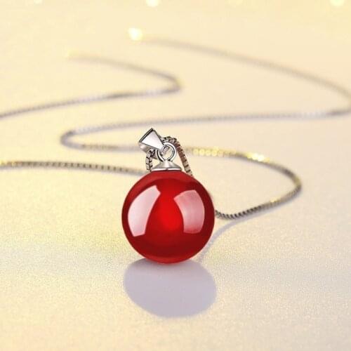 925 Sterling Silver Natural Red Black Stone Round Ball Pendant Necklace For Women Jewelry Gifts Dropshipping S-N126