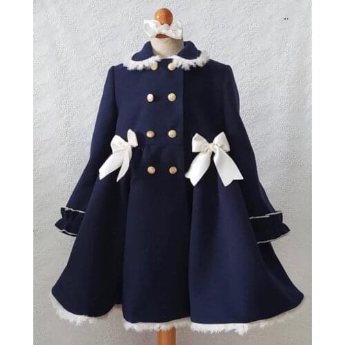 1-12Y Baby Girl Autumn Winter Handmand Customized Palace England Spanish Navy Blue Princess Wool Coat for Christmas Casual