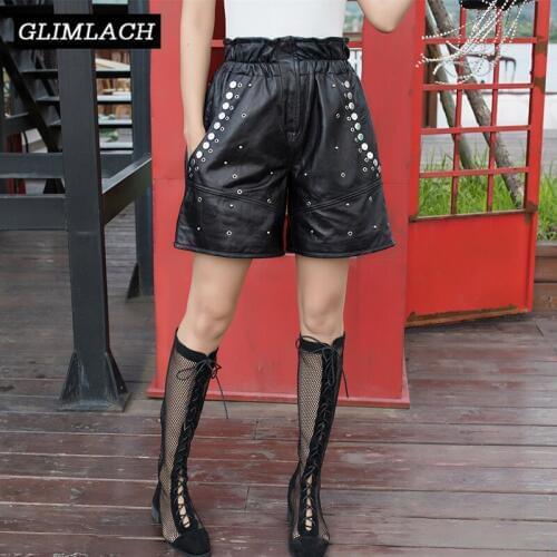 2021 New Women 100% Sheepskin Shorts Luxury Real Leather Rivet Wide Leg Shorts Female Loose Elastic Waist High Streetwear Ladies