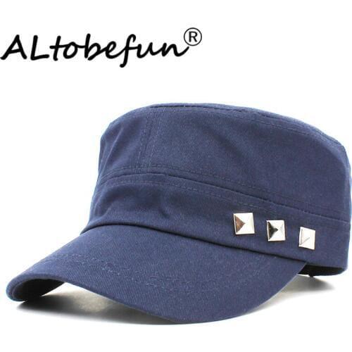 ALTOBEFUN Classic Vintage Rivet Women Military Hat Adult Fashion Summer Autumn Brand Adjustable Flat Top Cap For Men AD925