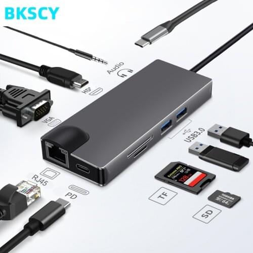 BKSCY Type C HUB to HDMI VGA 3.5mm Audio RJ45 Adapter USB 3.0 Thunderbolt 3 for MacBook Pro Samsung Galaxy S9 HDMI USB C HUB