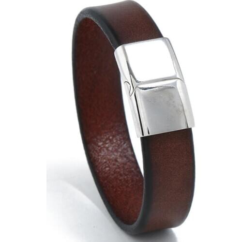 Punk Men Jewelry Black Brown Genuine Leather Bracelet Stainless Steel Magnetic Clasp Wristbands 22/20.5cm Bangle Vintage Jewelry