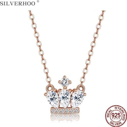 SILVERHOO 925 Sterling Silver Chains Crown Pendant Necklace For Women Luxury Queen Rose Gold Fine Silver Jewelry Girlfriend Gift