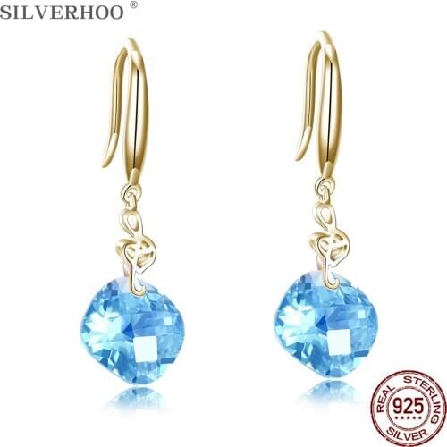 SILVERHOO Earrings For Women 925 Sterling Silver Trendy Blue Geometry Square Cubic Zirconia Golden Drop Earring Silver Jewelry