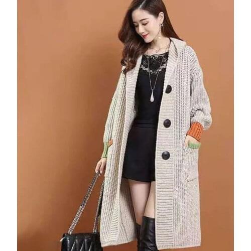Hooded Coarse Yarn Cardigan Women Korean Fashion Casual Loose Long Knitted Sweater Coat Vintage Warm Female Winter Clothing