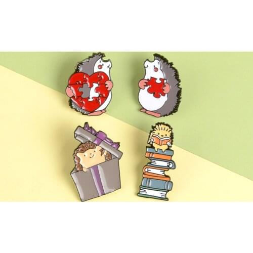Hedgehog Collection Enamel Pin Reading Books Surprise Gift Box Romantic Love Hedgehog Pen Heart Puzzle Punk Lapel Brooch Jewelry