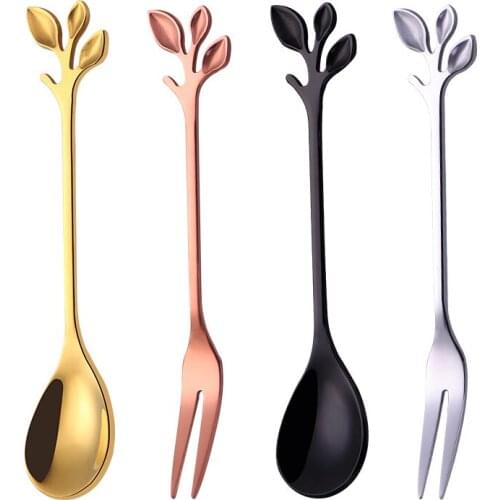 Leaf Shape Ice Cream Spoon Fork Coffee Spoon Christmas Gifts Stainless Steel Coffee Stirring Spoon Kitchen Accessories Tableware