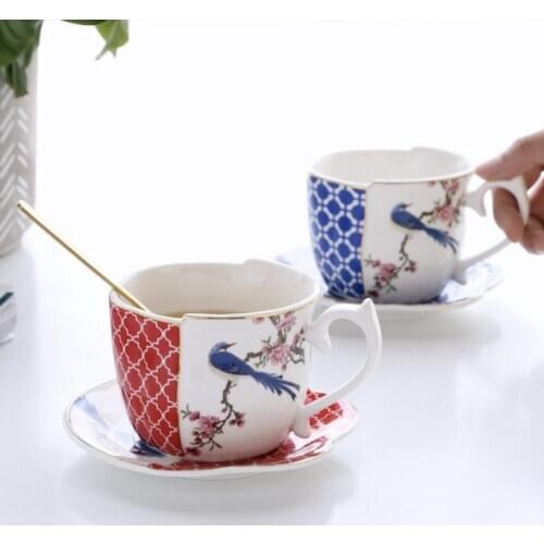 Lrregular Ceramic Espresso Cup Saucer Afternoon Tea Cup Creative Porcelain Coffee Cup For Gift Home Supplies Flower and Bird Cup