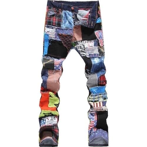 Man jeans brand 2020 patchwork spliced ripped denim jeans Male fashion slim colored patch buttons fly straight pants