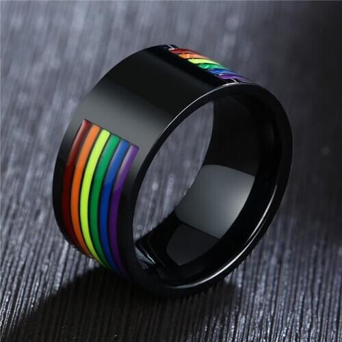 Modyle 2020 New 316L Black Stainless Steel Enamel Rainbow LGBT Pride Ring For Lesbian Gay Wedding Engagement Ring Men