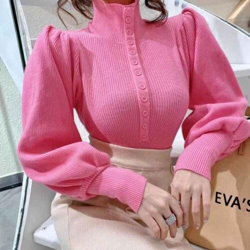 Womens Autumn Winter Turtleneck Single Breasted Puff Sleeve Sweater High Street Knitted Pullovers Ladies Vintage Jumpers