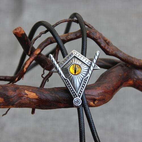 Vintage Western Cowboy Mens BOLO Tie Slide Clip Future Triangular Mosaic Cat Eyes Polyester Rope