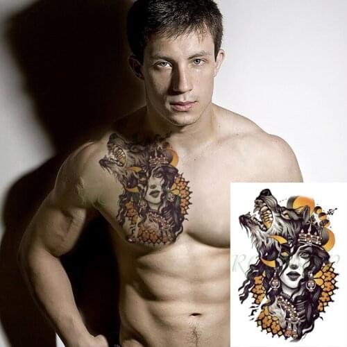 Waterproof Temporary Tattoo Sticker Roaring Wolf Moon Sexy Long Hair Girl Totem Fake Tatto Flash Tatoo for Men Women