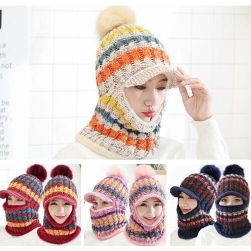 Women Winter Knit Balaclava Beanie Hat with Visor Brim Colorful Striped Pompom Ski Face Mask Plush Lined Neck Warmer