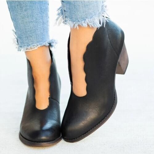 2020 New Autumn Winter Women Boots V Cutout Ankle Boots Stacked Heel Booties Fahsion Chelsea Boots PU Botas Zapatos Mujer