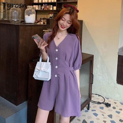 Rompers Women Purple Design Folds Defined Waist V-neck Elegant Fashion Solid Streetwear Casual Wide-leg Playsuits Female Ulzzang
