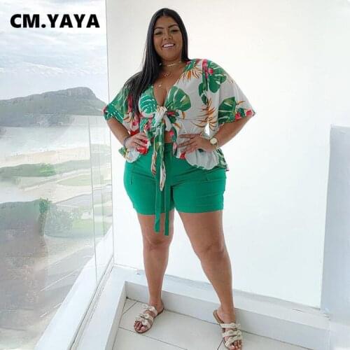 CM.YAYA Women Plus Size Set Print Short Sleeve Bandage Tops Strechy Shorts Two Piece Sets Sexy Fashion Streetwear Summer Outfit