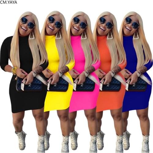CM.YAYA Autumn New Women Solid Color Long Sleeve Bodycon Midi Dress High Streetwear Above Knee Mini Pencil Dresses Vestidos