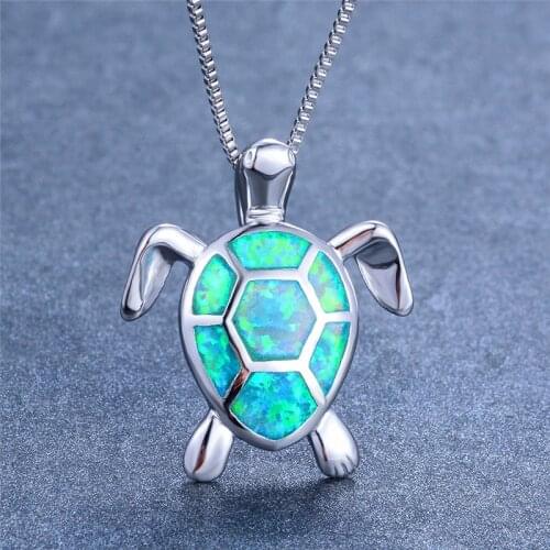 Boho Fashion Female Blue White Green Fire Opal Necklace silver color Necklace Big Turtle Pendants Necklaces For Women