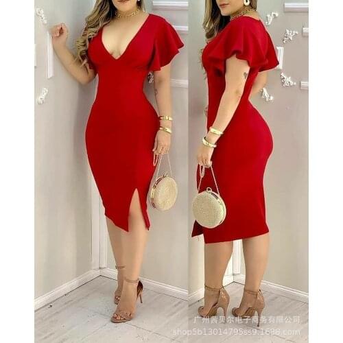 2021 new red ruffled V-neck tight slit dress dresses for women women dresses summer 2021