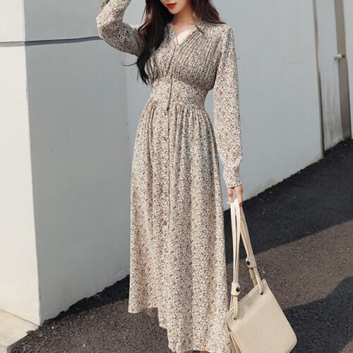 YAMDI bohemian vintage v neck korean polka dot long sleeve dress women 2020 spring autumn slim print floral pleated dresses midi