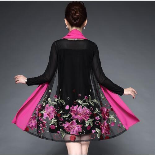 Middle Aged Women Embroidery Flower Casual Dress Summer Autumn Two Piece Dress Black Dresses Party Vestidos Plus Size 6XL