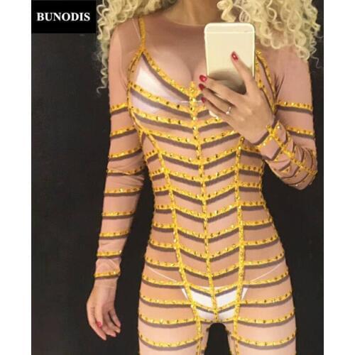 ZD044 Gold & Black Rhinestones Jumpsuit Women Sexy Bodysuit Singer Dancer DJ Costume Nightclub Outfit Party Clothing Stage Wear