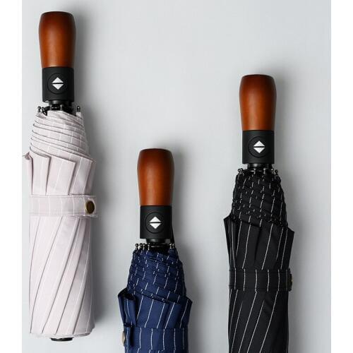 Fully Automatic Solid Wood Handle Umbrella Ten Bones Windproof Umbrella Tri-fold Sunny Rainumbrella Male High Quality Umbrella