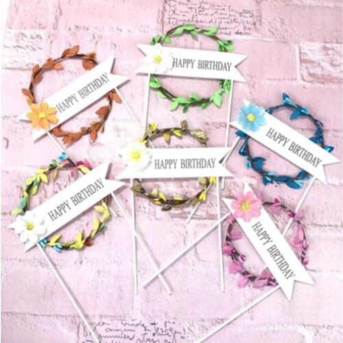 1Pcs Flower Wreath Cake Topper LED Glowing Happy Birthday Party Baby Shower Decoration DIY Baking Cake Top Flags Insert Supplies