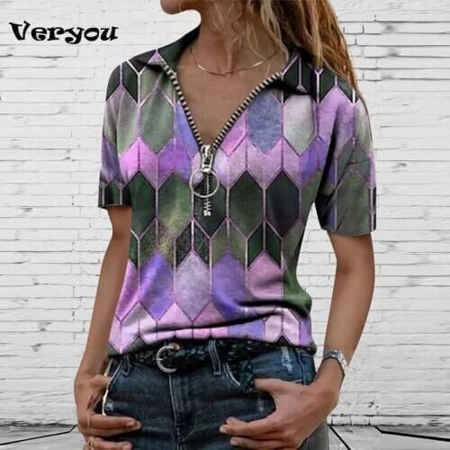 2021 Women Fashion Clothing T Shirt For Women Vintage t Shirts Womens Large Slim Vintage Print Lapel zipper V-neck T-Shirt