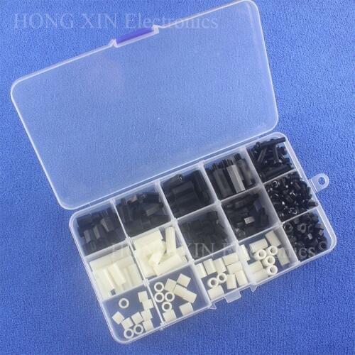 260pcs/set White/Black ABS Round Hollow Female-Female Standoff Black Nylon Male-Female Spacer 3mm 4mm