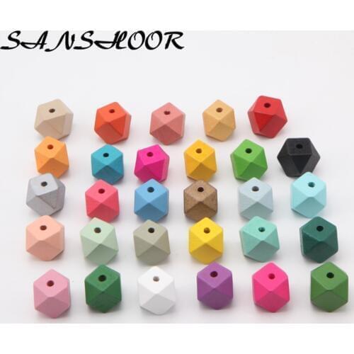 SANSHOOR 32Colors 20mm DIY Geometric Wooden Beads Rainbow Colors Fit Baby Teething Women Necklace Jewelry Christmas Gifts 30pcs