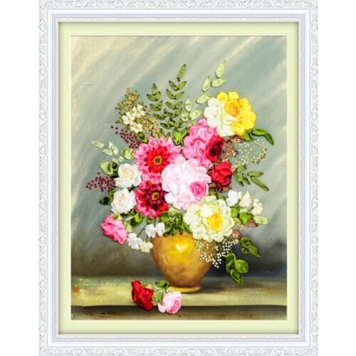 60x50cm Colorful flowers Ribbon embroidery kit stain painting set handcraft kit DIY handmade needlework art home decor