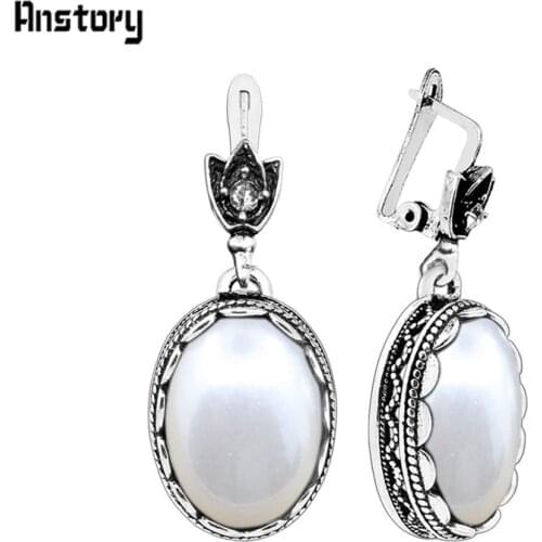Anstory Pearl Earrings For Women Double Layer Flower Pendant Hook Antique Silver Plated Fashion Jewelry TE288