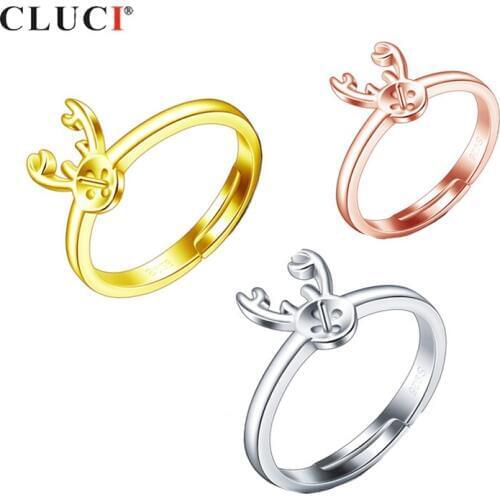 CLUCI Silver 925 Antlers Shape Adjustable Rings for Women Pearl Ring Mounting 925 Sterling Silver Antlers Ring Jewelry SR2219SB