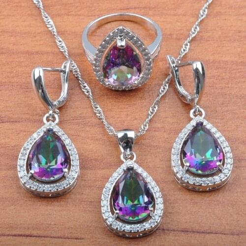 For Women Rainbow Cubic Zircon Jewelry Set Water Drop Earrings Necklace Pendant Ring Dubai Wedding Jewelry 2020 New JS0103